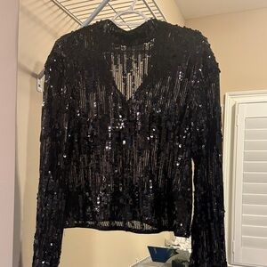 H&M Black Sheer Sequin Mock Neck Top Blouse, Intact sz M could fit L
